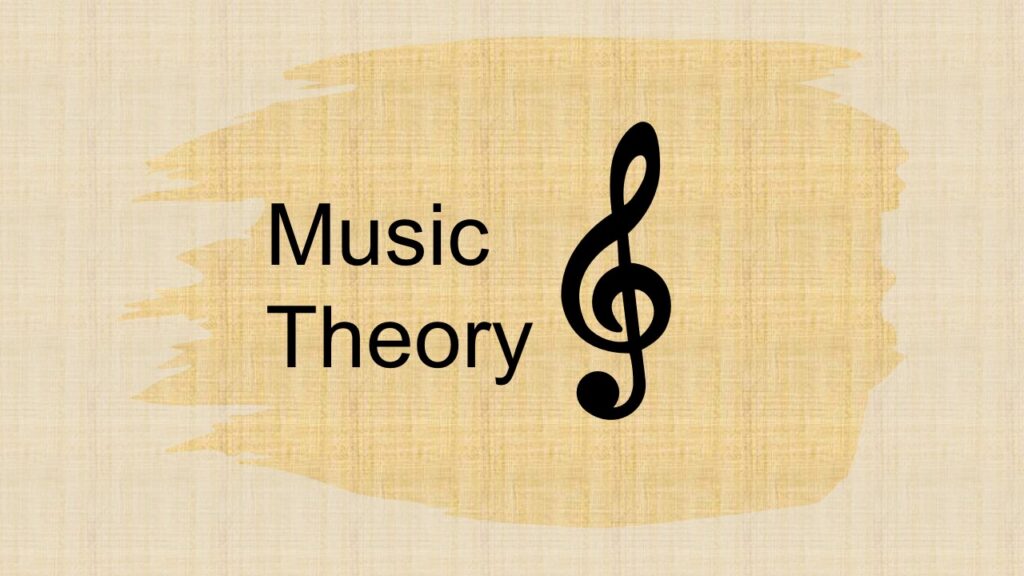 The word "music theory" follow by a treble clef sign