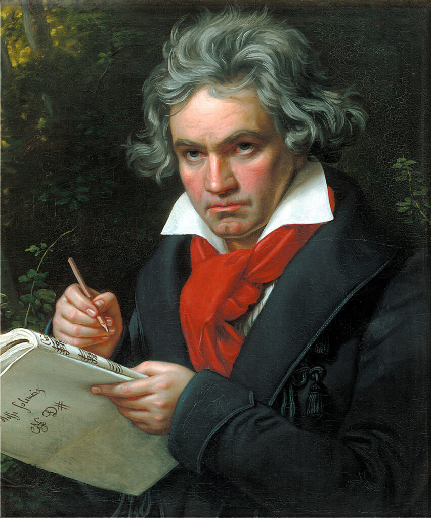 A portrait of Ludwig van Beethoven, painted by Joseph Karl Stieler in 1820, showing him with dark hair and a serious expression, holding a musical score