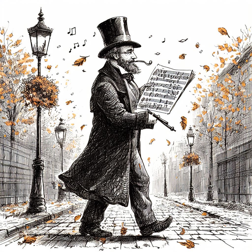 A man walking in street by holding a musical score and a pen