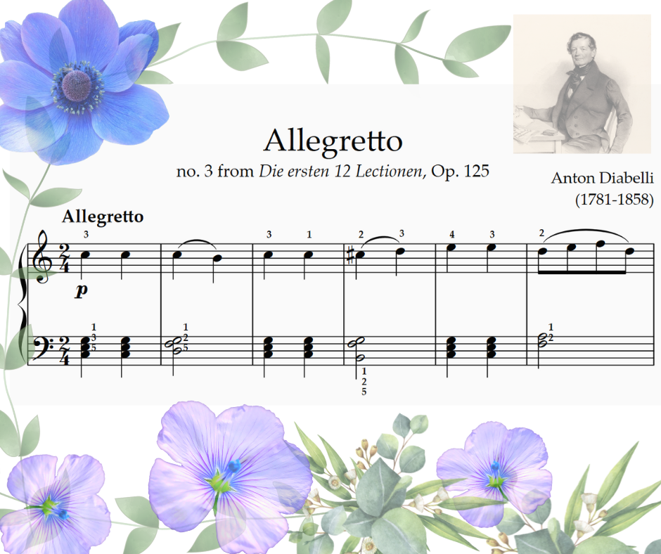 Grade 1 Piano - Music Sheet Allegretto in C no. 3 from 12 First op. 125 Diabelli with flowers background