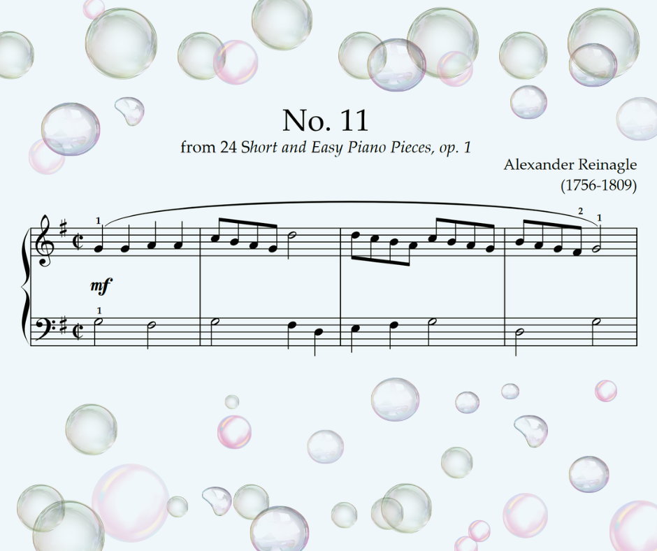 Preparatory Piano Grade Music Sheet No. 11 Op. 1 Reinagle with bubbles background