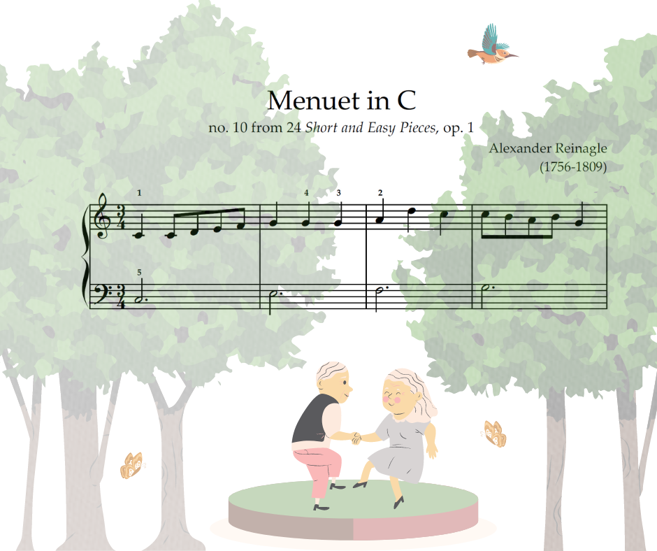 Grade 1 Piano: Reinagle Menuet in C Music score with trees and dancing senior couples, bird and butterflies background