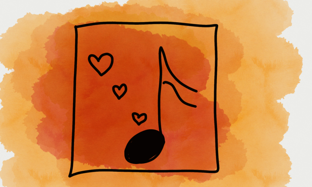 A semiquaver and hearts shapes in Square line with red orange white background