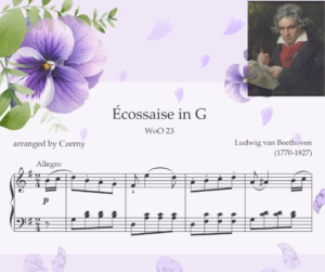 Grade 2 Piano - Ecossaise in G Music Score with Viola Odorata Beethoven flower and Beethoven Portrait with spreading purple petals and purple background