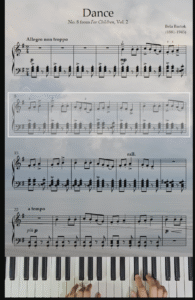 Plaiyng Piano with the music sheets with cloudy seaside background