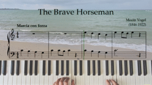 Playing piano hands with Music Sheet "The Brave Horseman" with Seaside Background